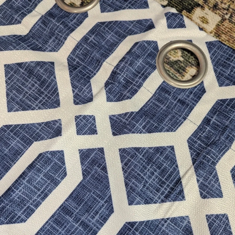 Mainstays Window Curtain Panel PAIR 37x84 Navy Blue Geometric‎ Trellis Grommet